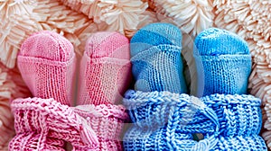 Two pairs of baby socks on a blanket