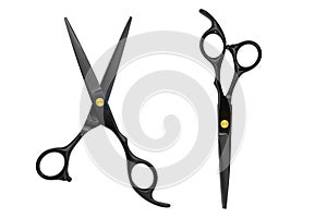 Two pairs of black hairdressing scissors, one opened, another closed, isolated on white background