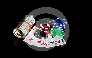 Two pairs cards combination and dollars and chips. Winning combination at a poker club or casino