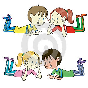 two pairs of children lying on the floor