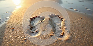 Two pairs of footprints in wet sand, side by side , steps, coast