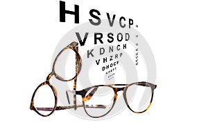 Two pairs of glasses with eye test chart