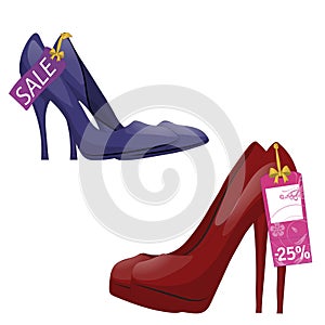 Two pairs of high-heel shoes with discount tag. Sale label. Isolated on white background. Vector illustration