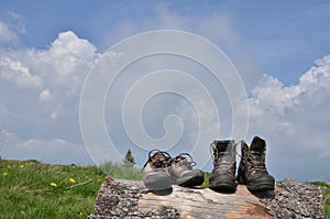 Hiking boots, shoes, sky, clouds