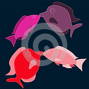 Two pairs of lovers, cute, beautiful, red, pink, purple fish stitched with white threads kiss on a dark blue background. Illustrat