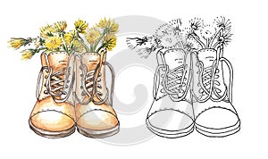 Two pairs of military shoes with a high back like a dandelion flower vase. One in the style outline, other in watercolor style.