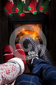 Two pairs of ornamented socks - Christmas family concept