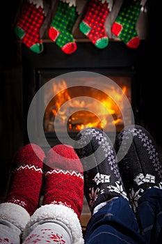 Two pairs of ornamented socks - Christmas family concept