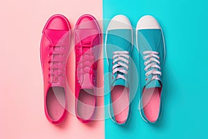 Two pairs of pink and blue sneakers on a blue and pink background. Generative AI image.