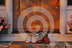 Two Pairs of Shoes Resting on Doorstep. Generative AI