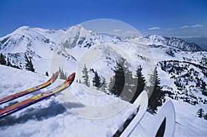 Two Pairs Of Skis On Edge Skirun