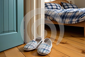 two pairs of slippers by the bedroom door