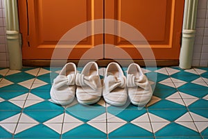 two pairs of slippers on a large, hotel-style bath mat