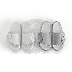 two pairs of slippers sitting next to each other on a white surface, 3d rendering