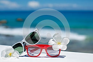 Two pairs of sunglasses on background of ocean