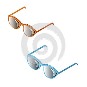 Two pairs of sunglasses, blue and orange, isolated on white background