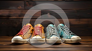 Two pairs of used men\'s sneakers shoes on a wooden background