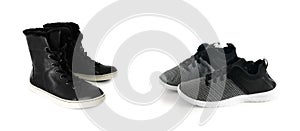 Two pairs of womens black sneakers isolated on white background.