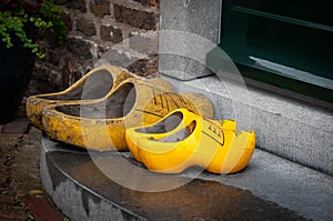 Two pairs of wooden shoes - klompen or clogs. Traditional dutch footwear