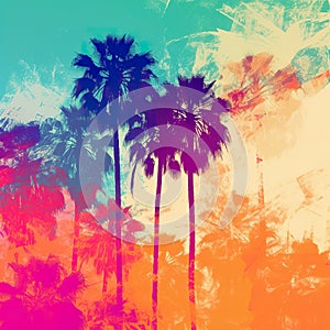 Two palm trees in front of a colorful sky. Generative AI image.