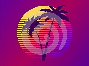 Two palm trees on a sunset 80s retro sci-fi style. Summer time. Futuristic sun retro wave. Design for advertising brochures,