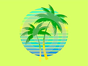Two palm trees on a sunset 80s retro sci-fi style. Summer time. Futuristic sun retro wave with gradient color. Design for