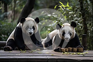 Two pandas are sitting in the park and eating bamboo, generative AI.