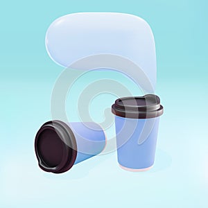 Two paper coffee cups on a blue background with a chat bubble. Vector illustration