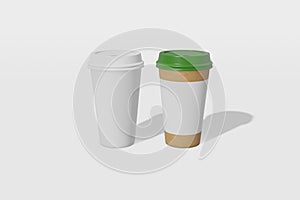 Two paper cups with a lid - white and brown with place for text on a white background. 3D rendering