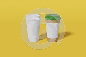 Two paper cups with a lid - white and brown with place for text on a yellow background. 3D rendering