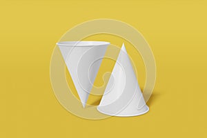 Two paper cups mockup cone shaped on a yellow background. One of the cups is turned upside down. 3D rendering