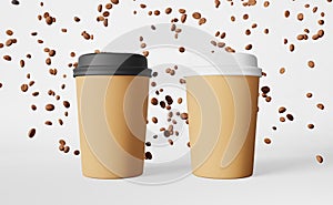 Two paper cups white black lids flying coffee beans 3D rendering Hot drinks discount beverage demonstration promo design