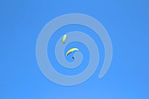 Two paragliders in blue sky