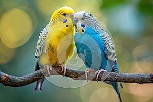 Two Parakeets Perched on a Branch in a Tree