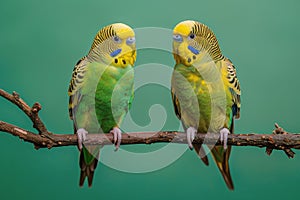 Two Parakeets Perched on a Branch in a Tree