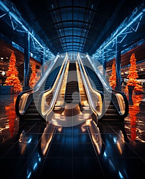 Two parallel escalators in the shopping centre. Moving stairs lit with neon light. Decorative orange fir-trees at backdrop