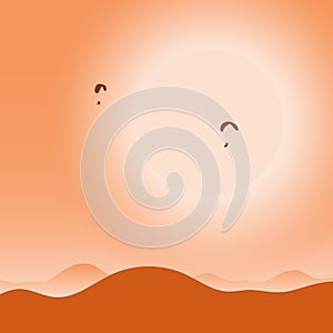 Two paramotors gliding and flying in the air with big sun at background with orange shade gradient illustration vector