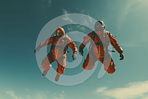 Two paratroopers in orange spacesuits are flying in the air photo