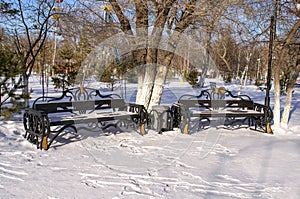 Two park benches are covered by fresh snow. Winter snow park benches view during day light