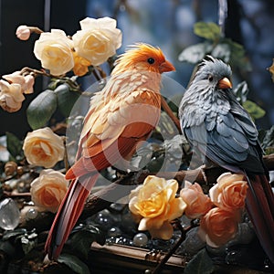 Two parrots on a branch in the interior of the flower shop