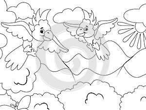Two parrots are flying in the sky. Raster, page for printable children coloring book.