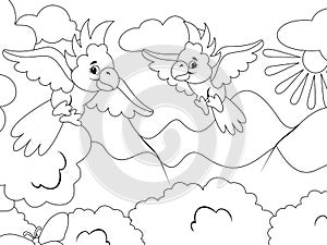 Two parrots are flying in the sky. Vector, page for printable children coloring book.