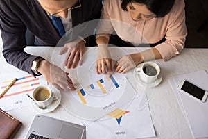 Two partners working together and having coffee