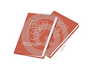 Two passport books. Identity, nationality and citizenship, paper documents icon. Official identification personal docs