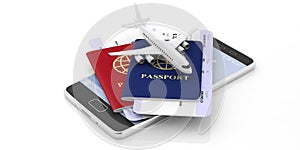Two passports and airplane tickets on a mobile phone isolated on white background. 3d illustration
