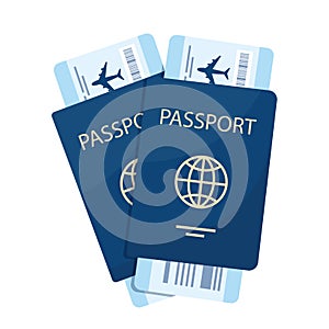 Two passports with boarding passes. Airplane tickets inside passports. Air travel concept. Tourism concept. Vector illustration