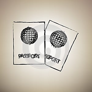 Two passports sign illustration. Vector. Brush drawed black icon