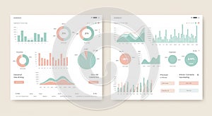 Two pastel-colored dashboard interfaces display a variety of charts and graphs. The