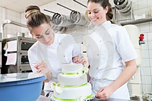 Two pastry bakers decorating large cake