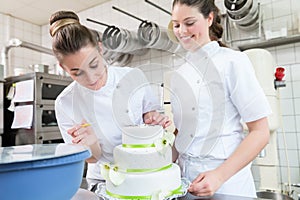 Two pastry bakers decorating large cake photo